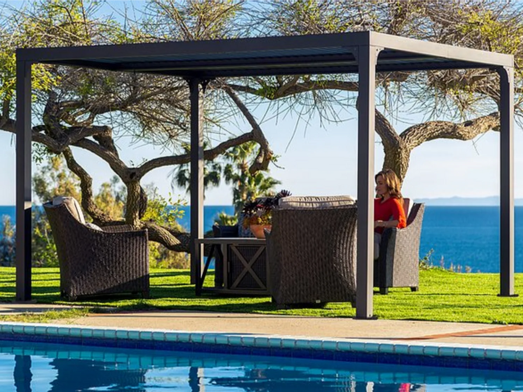 Paragon Outdoor Novara Gray/White Aluminum Pergola 10×12 with Louvered Canopy