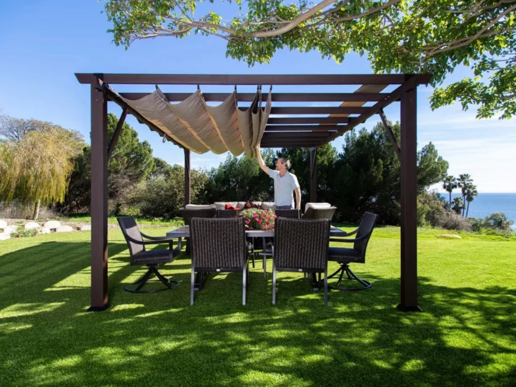 Paragon Outdoor Modena Aluminum Pergola Espresso Convertible Canopy Size: 12×12